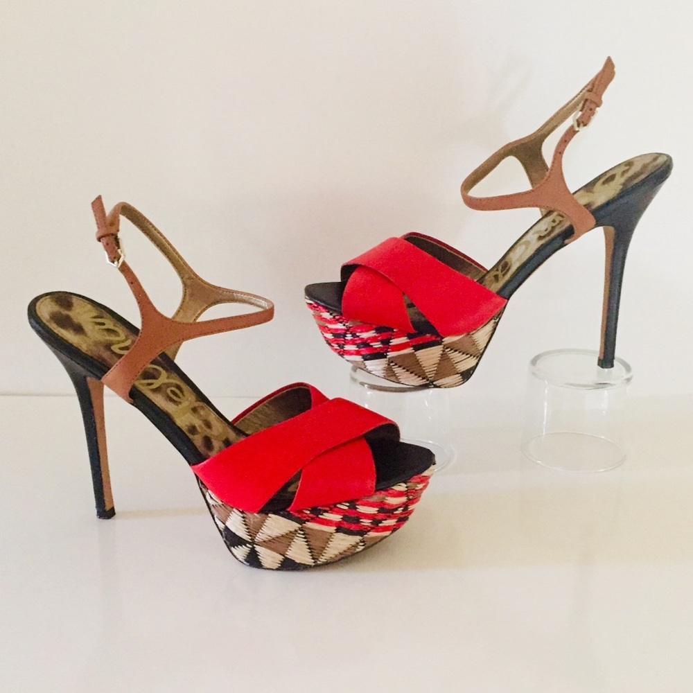 Sam Edelman Red & Tan Patterned Platform Sandals